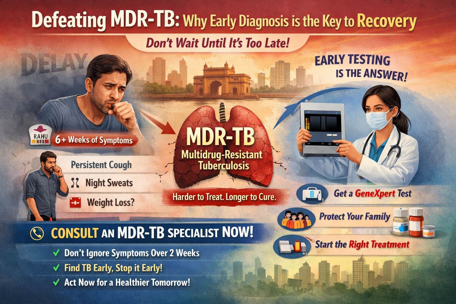 Illustration showing MDR-TB awareness in Mumbai with a patient experiencing prolonged cough, symptoms like weight loss and night sweats, and a doctor promoting early diagnosis through GeneXpert testing for effective tuberculosis treatment