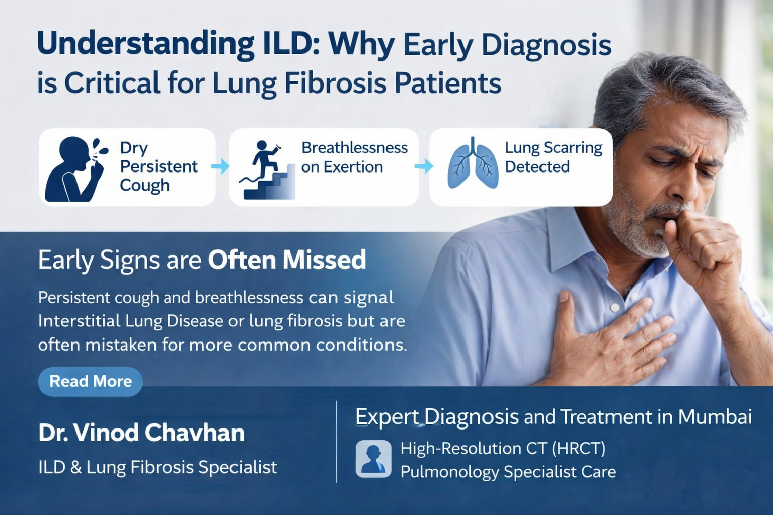 Middle-aged Indian man with persistent cough and breathlessness showing early symptoms of interstitial lung disease and lung fibrosis in Mumbai