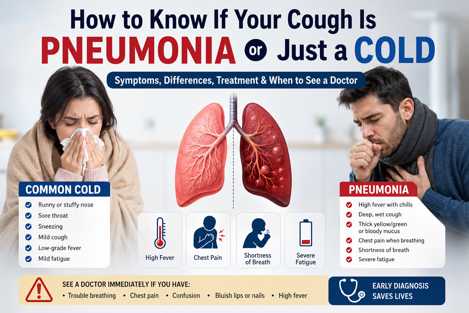 Difference between pneumonia and common cold symptoms with cough, fever, chest pain, breathing difficulty, and lung infection comparison .