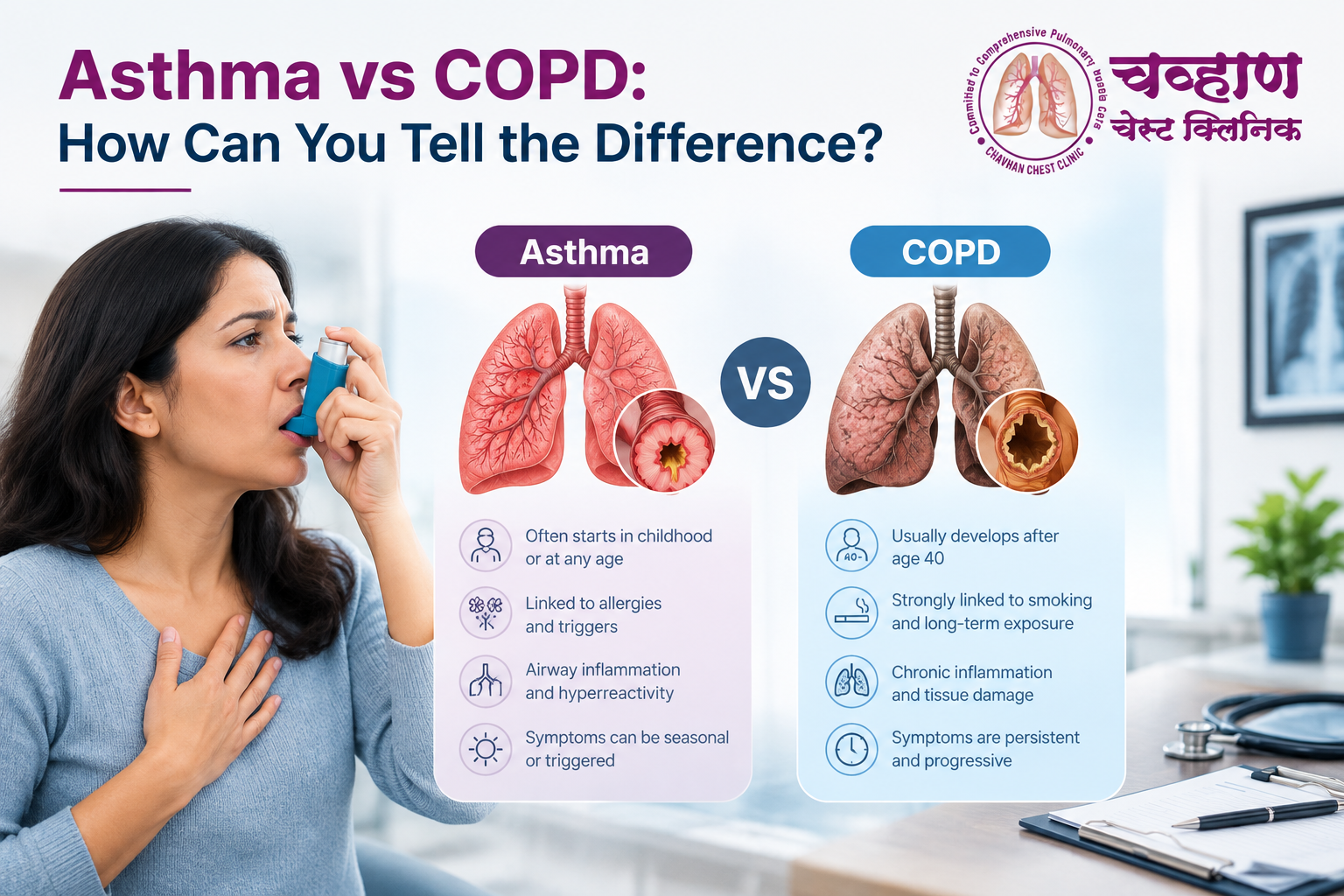Asthma vs COPD showing differences in symptoms, causes and lung function