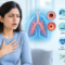 Woman experiencing wheezing and breathing difficulty with a medical illustration of the lungs and common causes of wheezing without asthma.