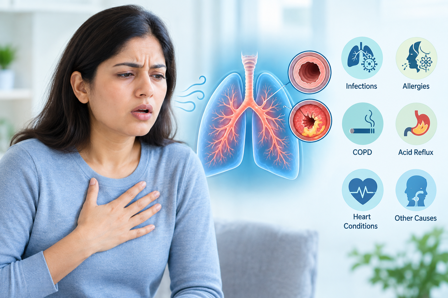 Woman experiencing wheezing and breathing difficulty with a medical illustration of the lungs and common causes of wheezing without asthma.
